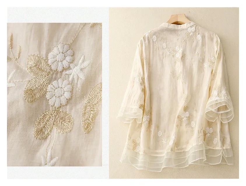 Embroidered Three Quarter Sleeve Shirt, Cotton Linen - detail view