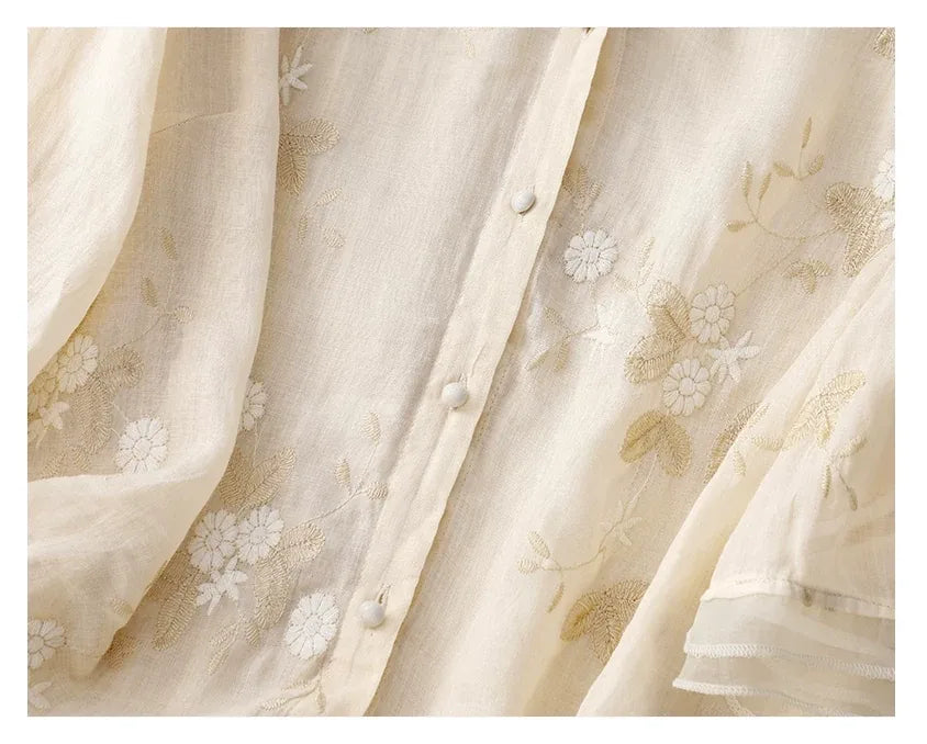 Embroidered Three Quarter Sleeve Shirt, Cotton Linen - detail view