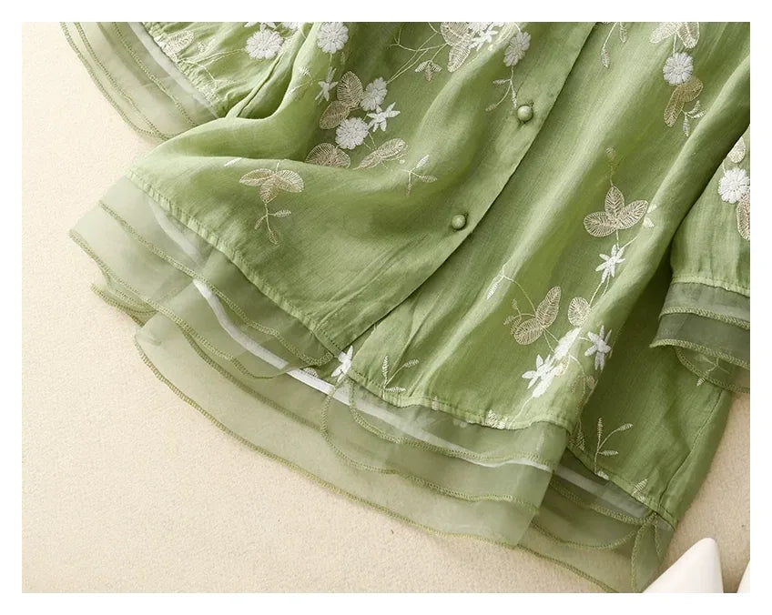 Embroidered Three Quarter Sleeve Shirt, Cotton Linen - detail view