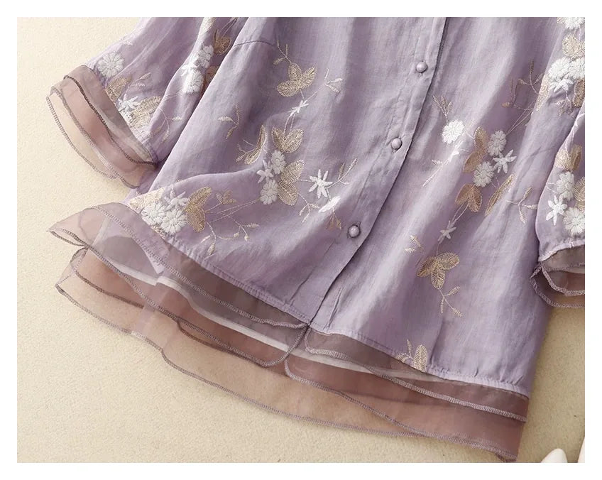 Embroidered Three Quarter Sleeve Shirt, Cotton Linen - detail view