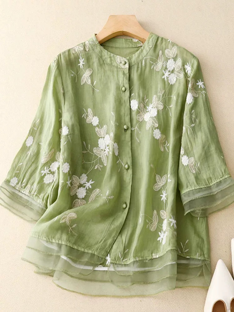 Embroidered Three Quarter Sleeve Shirt, Cotton Linen - main product image