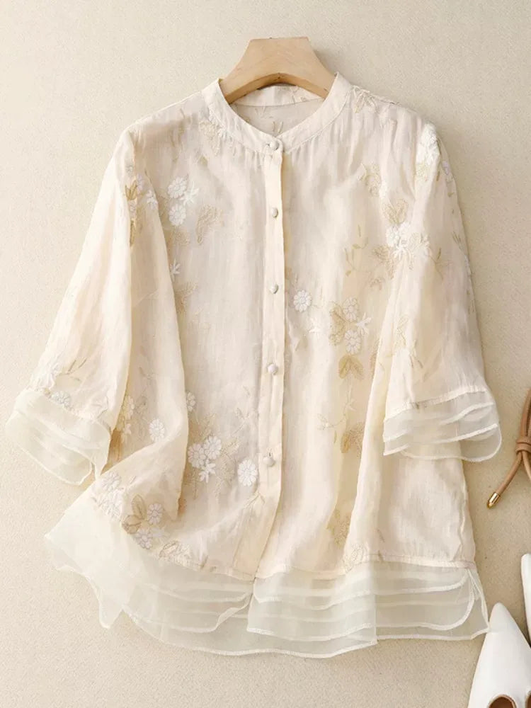 Embroidered Three Quarter Sleeve Shirt, Cotton Linen - product view view