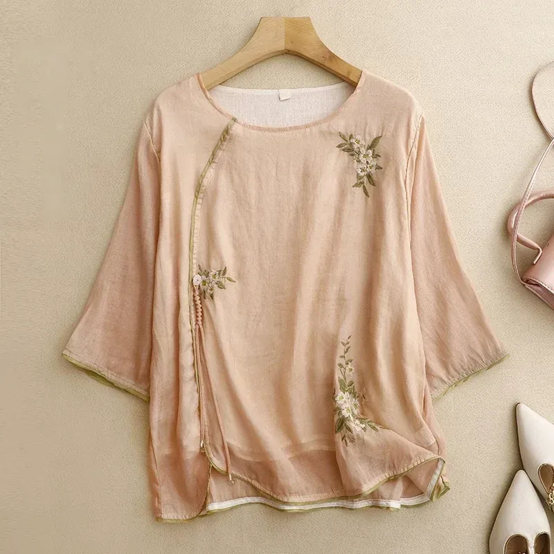 Embroidered Three Quarter Sleeve Shirt with Chinese-Style Placket - main product image - unknown