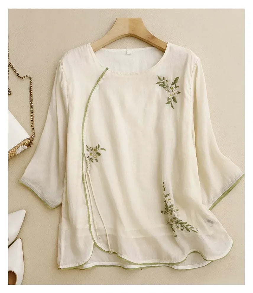 Embroidered Three Quarter Sleeve Shirt with Chinese-Style Placket - product image 3 - unknown