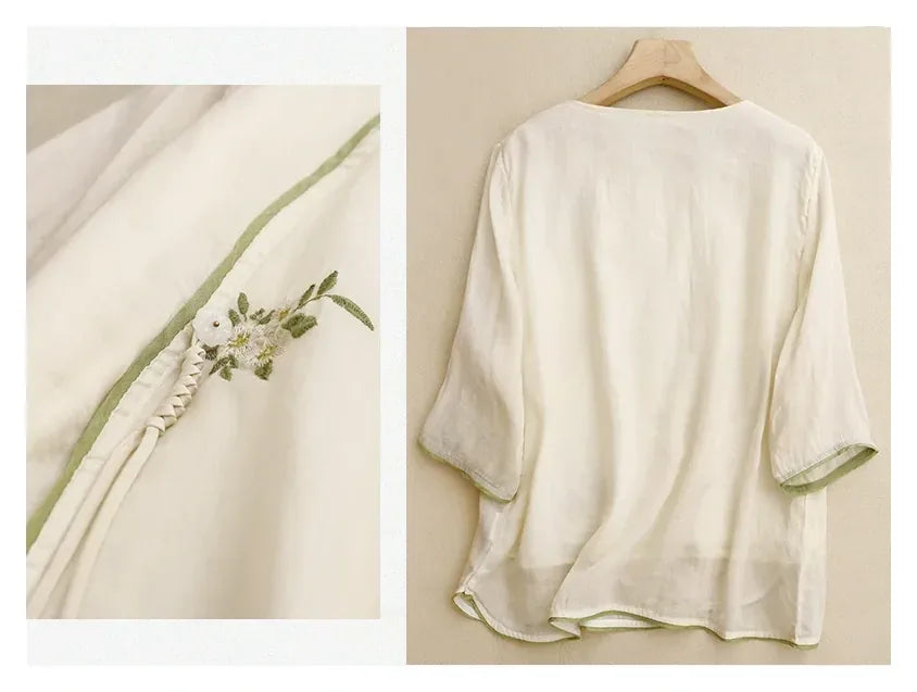 Embroidered Three Quarter Sleeve Shirt with Chinese-Style Placket - product image 14 - unknown