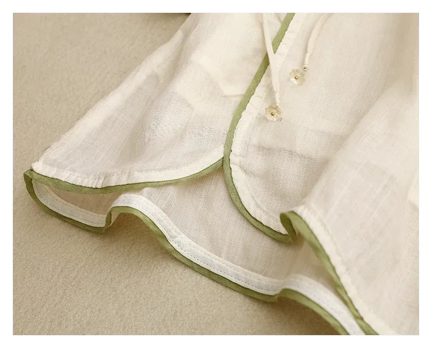 Embroidered Three Quarter Sleeve Shirt with Chinese-Style Placket - detail view