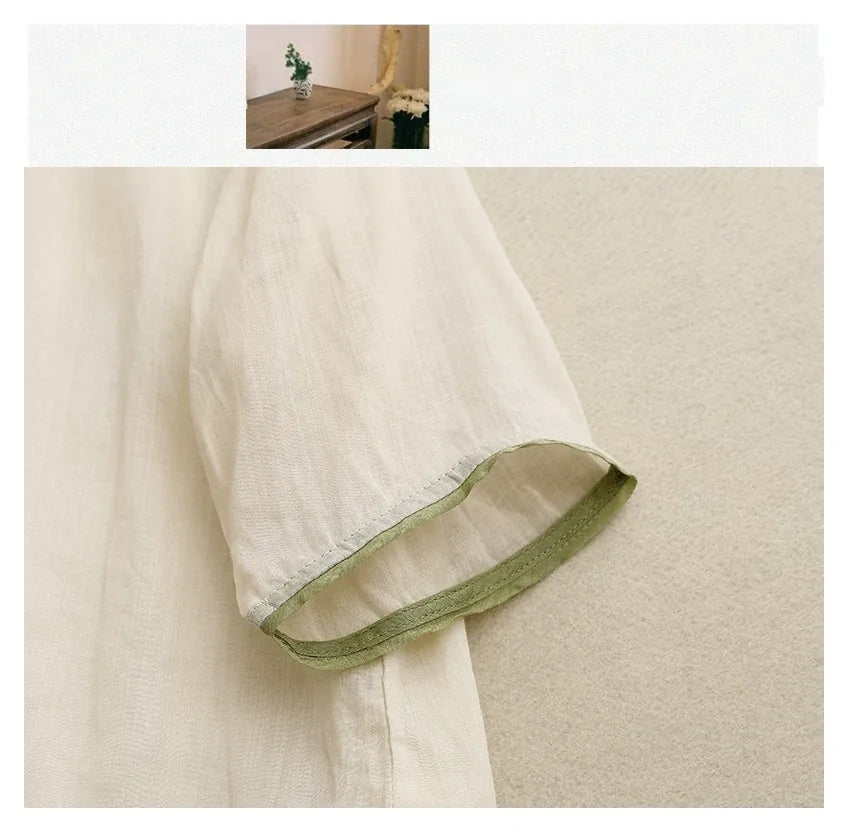 Embroidered Three Quarter Sleeve Shirt with Chinese-Style Placket - detail view