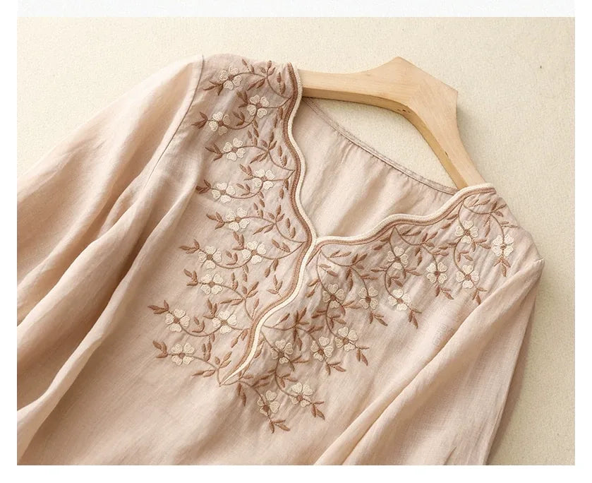 Embroidered Three Quarter Sleeve V-Neck Shirt - detail view