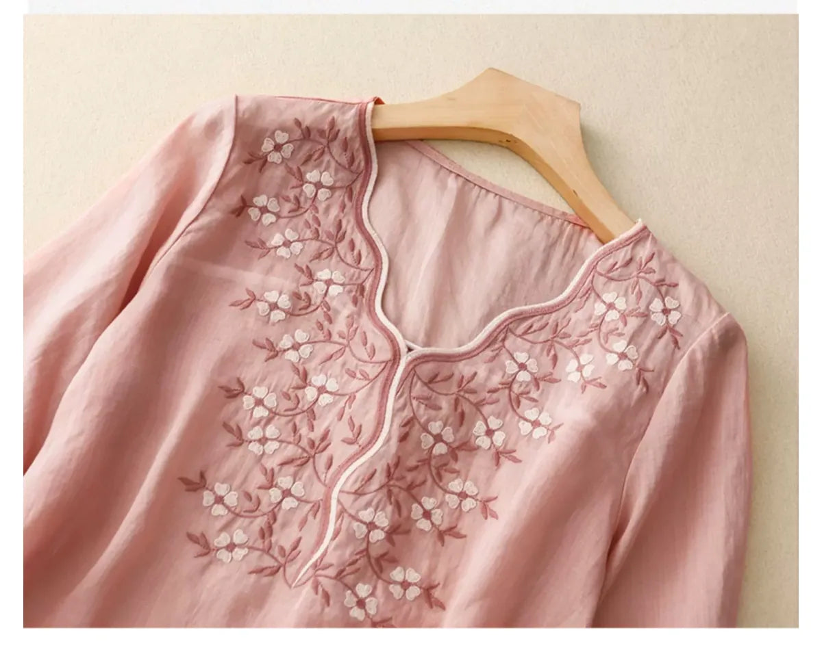 Embroidered Three Quarter Sleeve V-Neck Shirt - detail view