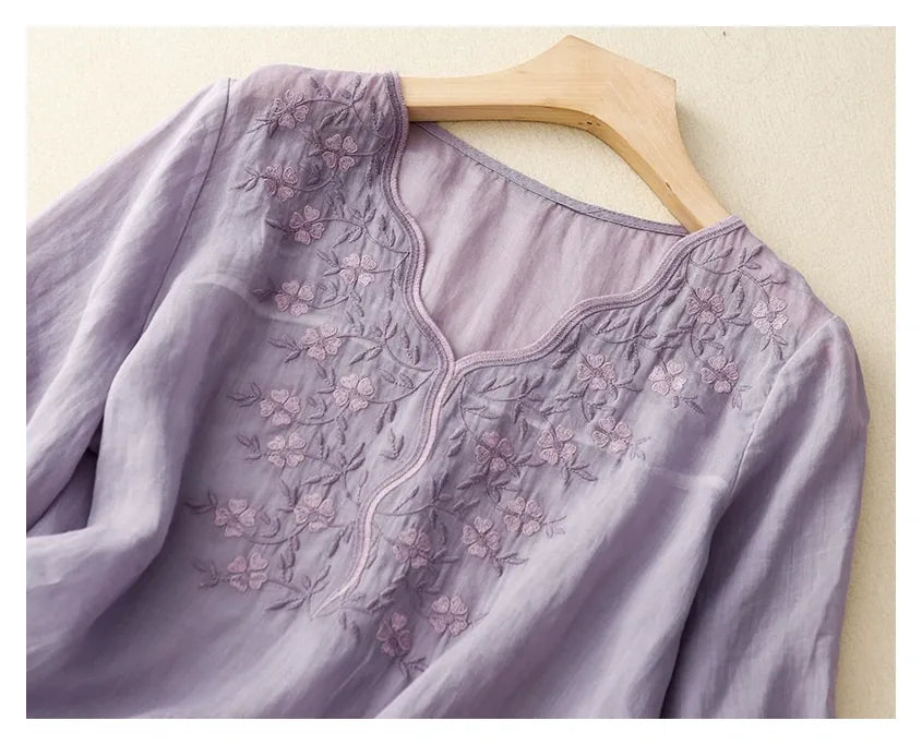 Embroidered Three Quarter Sleeve V-Neck Shirt - detail view