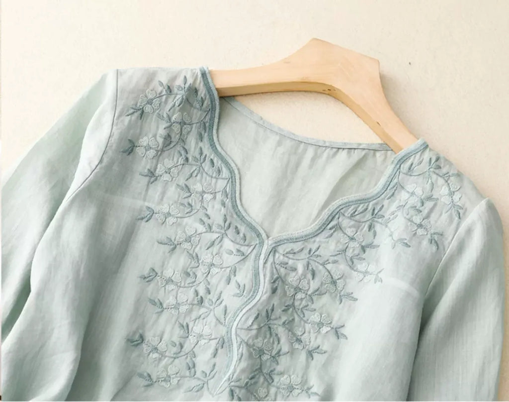 Embroidered Three Quarter Sleeve V-Neck Shirt - detail view