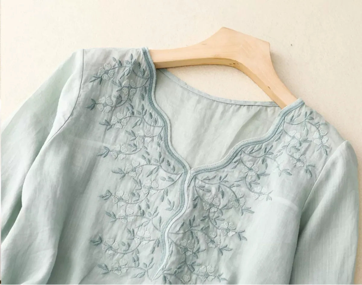 Embroidered Three Quarter Sleeve V-Neck Shirt - detail view