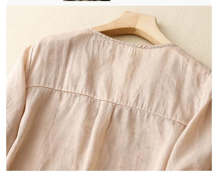Embroidered Three Quarter Sleeve V-Neck Shirt - detail view