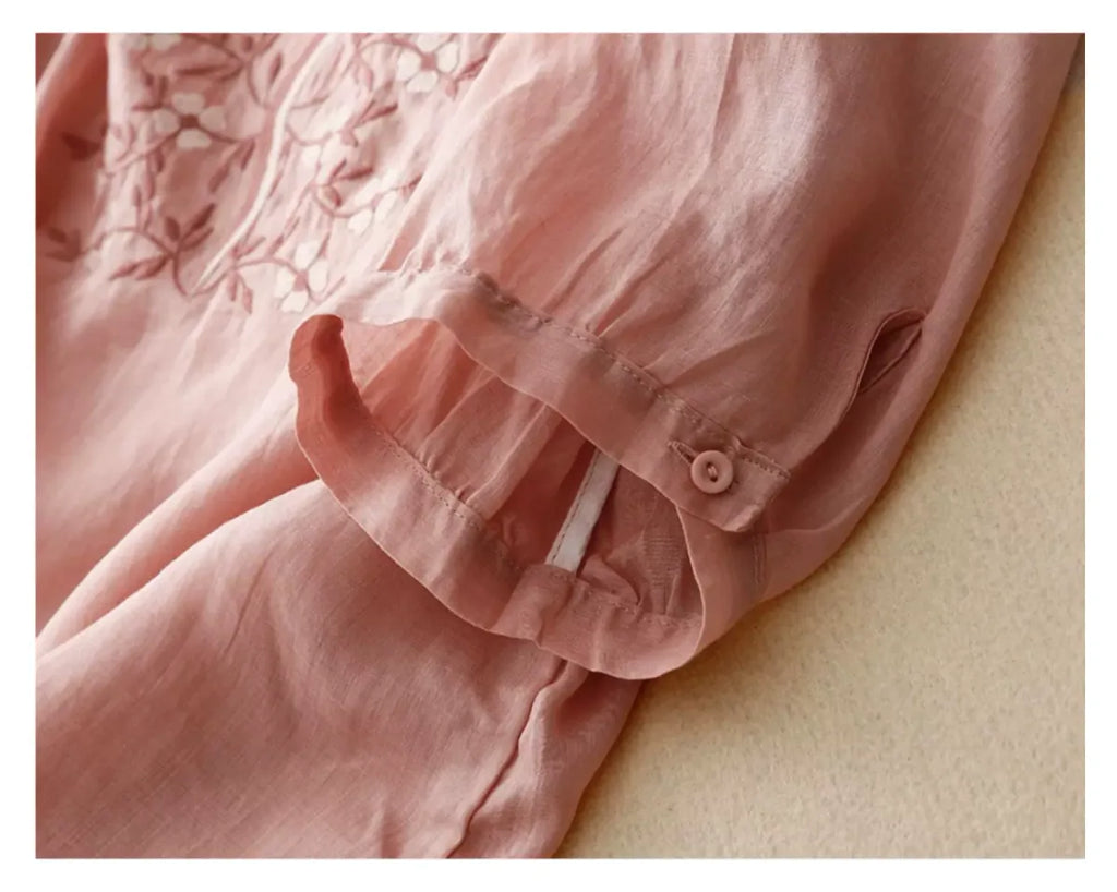 Embroidered Three Quarter Sleeve V-Neck Shirt - detail view