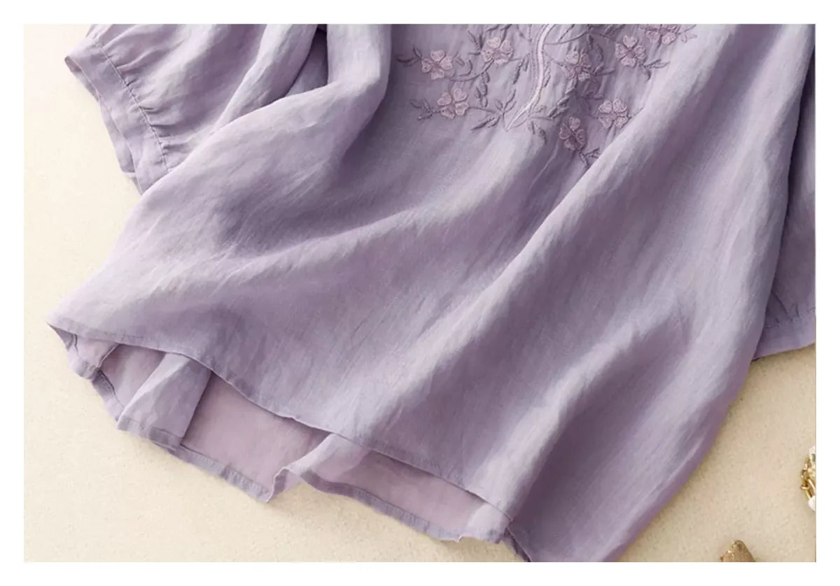 Embroidered Three Quarter Sleeve V-Neck Shirt - detail view