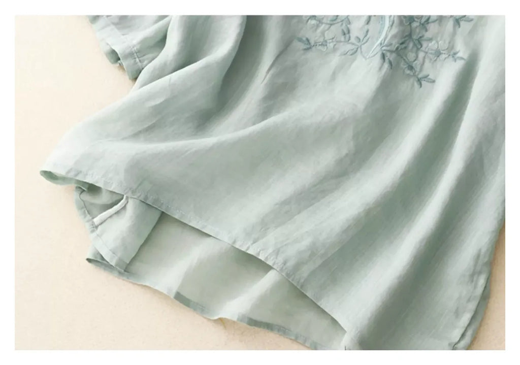 Embroidered Three Quarter Sleeve V-Neck Shirt - detail view