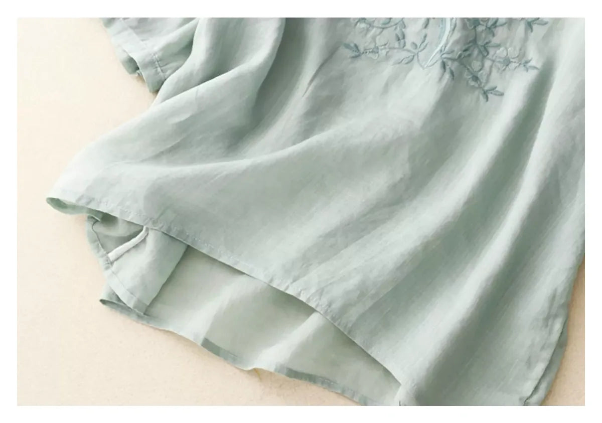 Embroidered Three Quarter Sleeve V-Neck Shirt - detail view