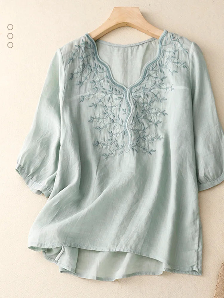 Embroidered Three Quarter Sleeve V-Neck Shirt - product view view