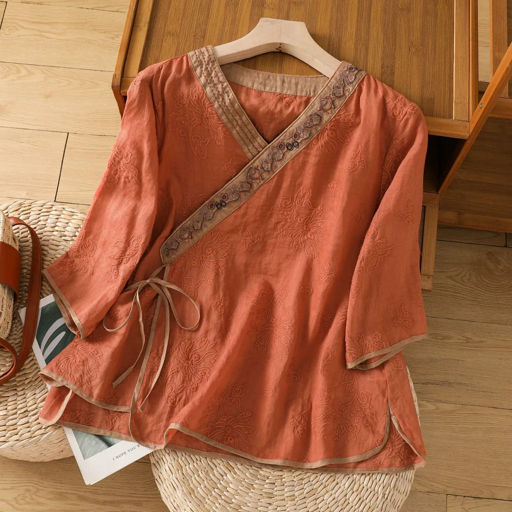 Embroidered Trim Three Quarter Sleeve Shirt - color option view