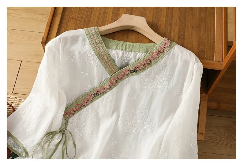 Embroidered Trim Three Quarter Sleeve Shirt - detail view