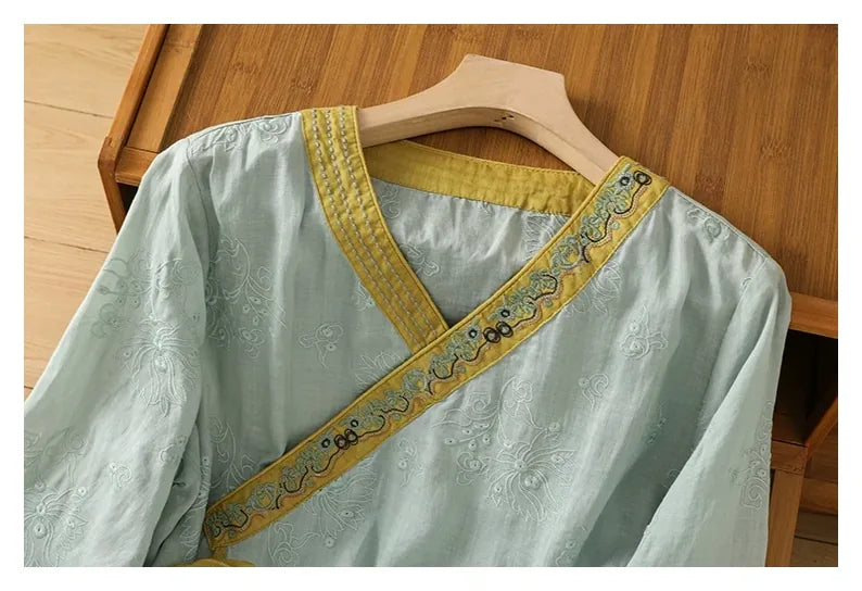 Embroidered Trim Three Quarter Sleeve Shirt - detail view