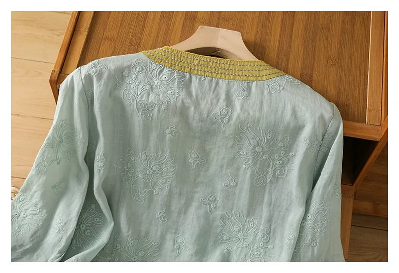 Embroidered Trim Three Quarter Sleeve Shirt - detail view