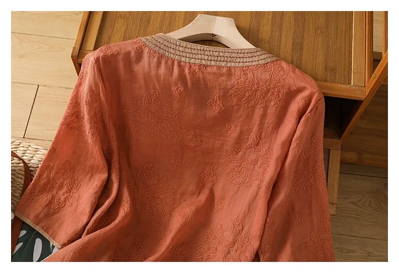 Embroidered Trim Three Quarter Sleeve Shirt - detail view