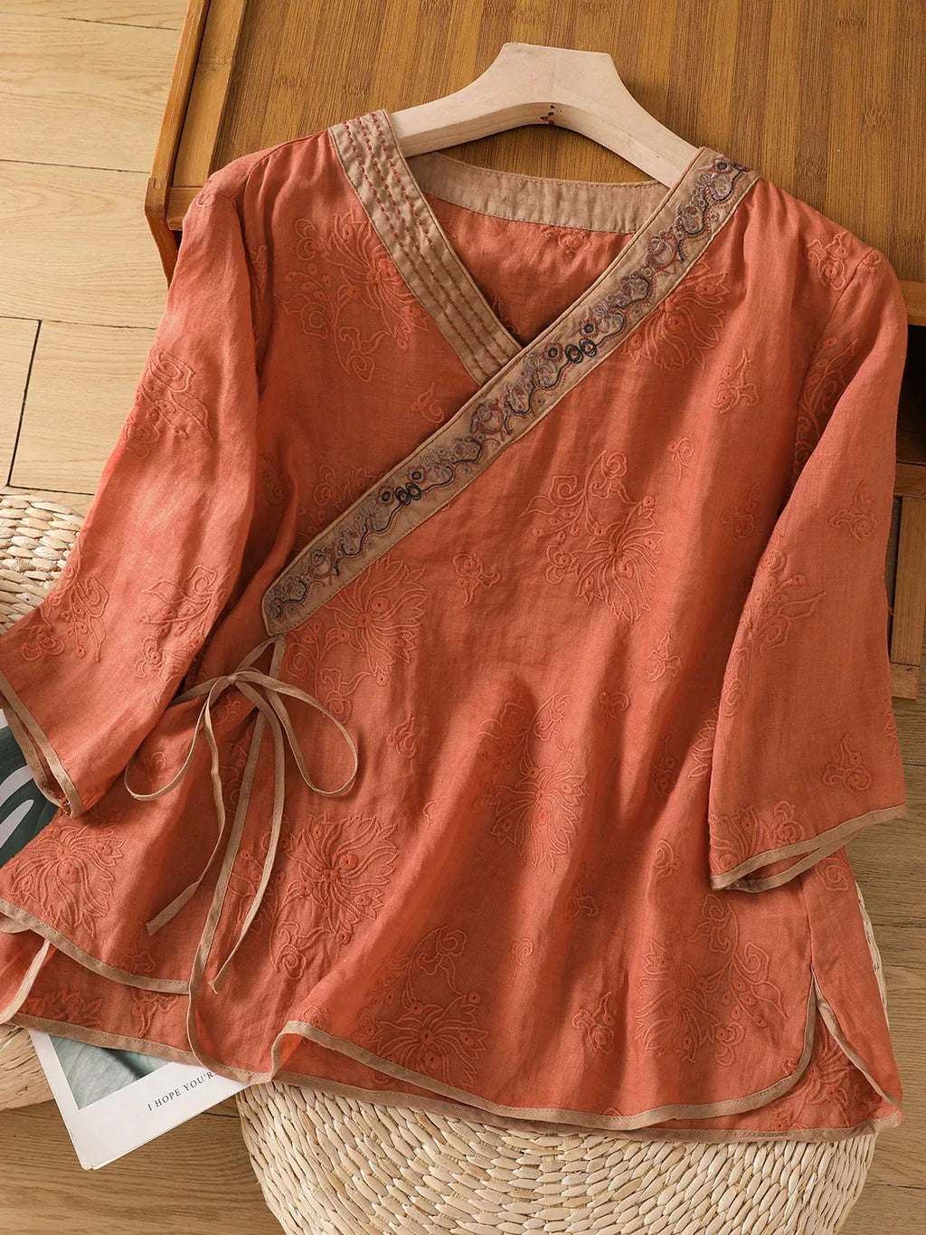 Embroidered Trim Three Quarter Sleeve Shirt - product view view