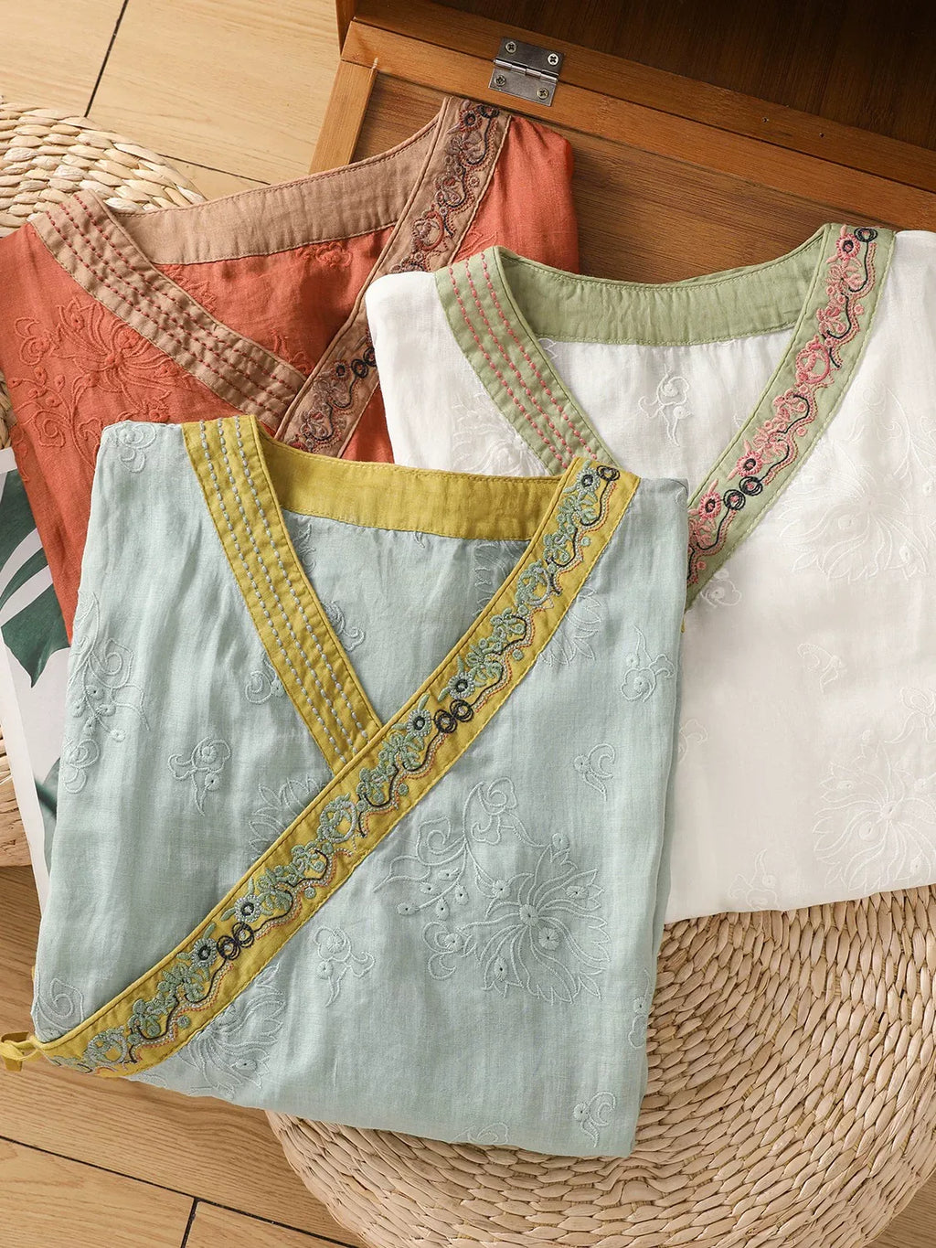Embroidered Trim Three Quarter Sleeve Shirt - product view view