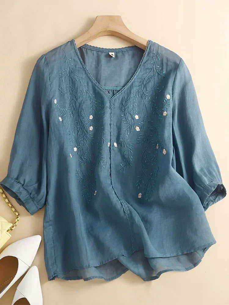 Embroidered V-Neck Three Quarter Sleeve Shirt - main product image - unknown