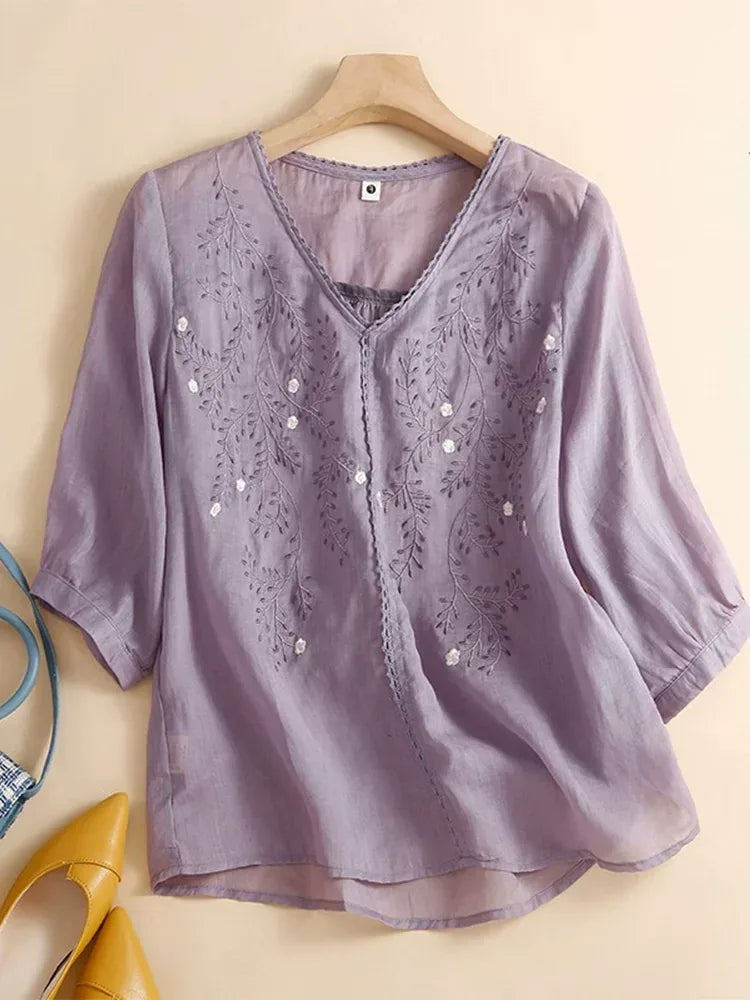 Embroidered V-Neck Three Quarter Sleeve Shirt - product image 2 - unknown