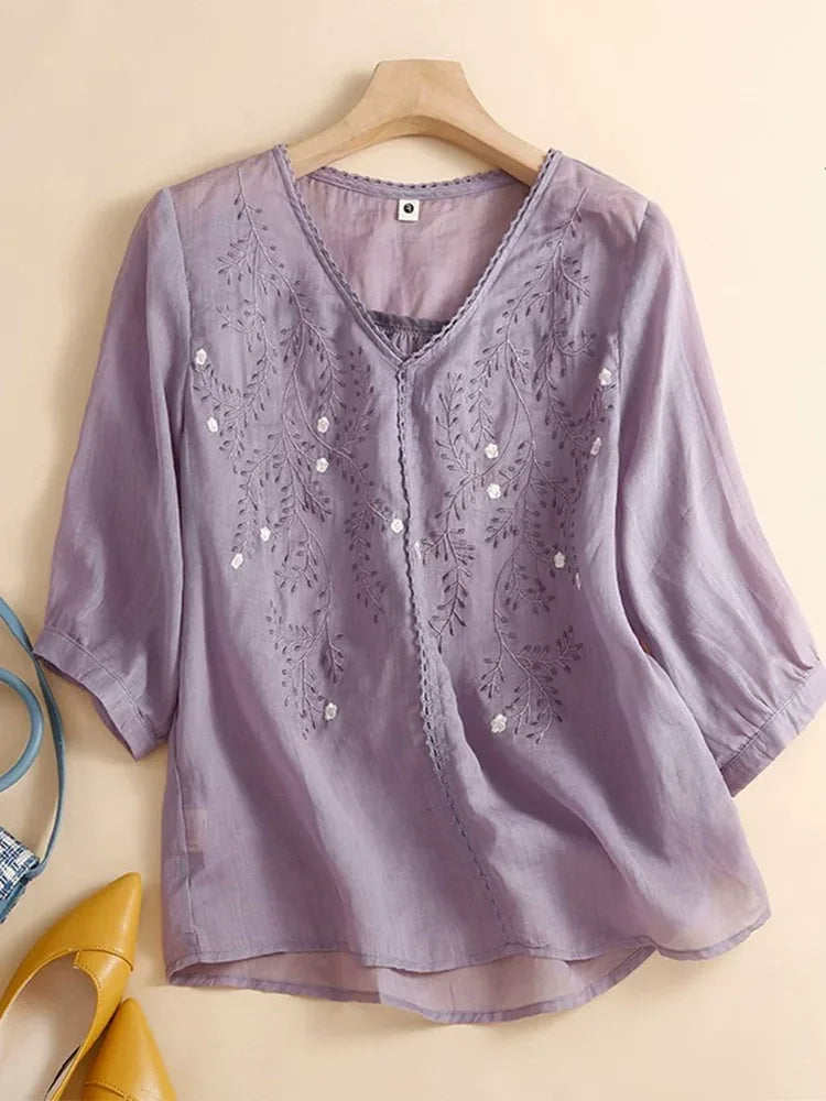 Embroidered V-Neck Three Quarter Sleeve Shirt - product view view
