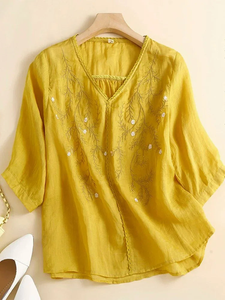 Embroidered V-Neck Three Quarter Sleeve Shirt - product view view