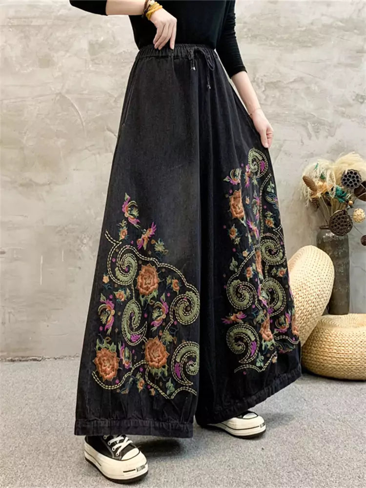 Heavy Embroidered Denim Wide Leg Pants Retro Washed Versatile