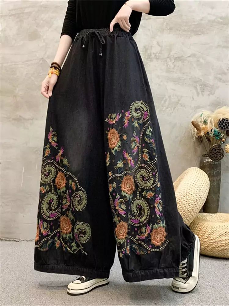 Heavy Embroidered Denim Wide Leg Pants Retro Washed Versatile