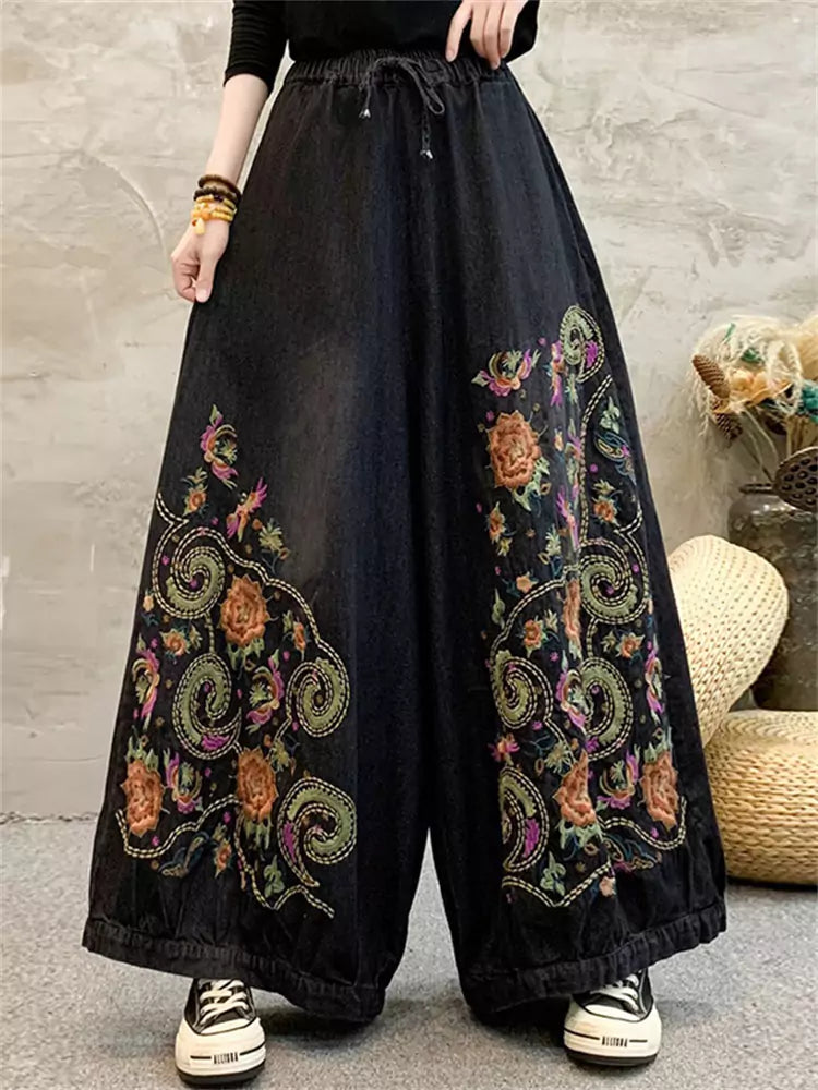 Heavy Embroidered Denim Wide Leg Pants Retro Washed Versatile