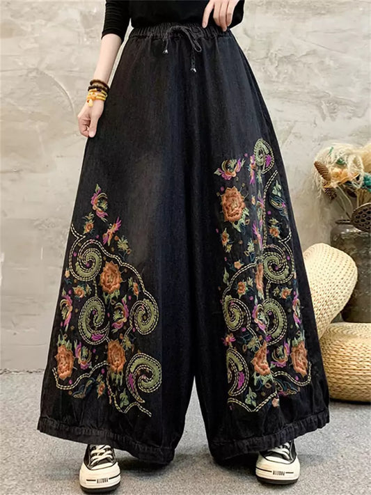 Heavy Embroidered Denim Wide Leg Pants Retro Washed Versatile