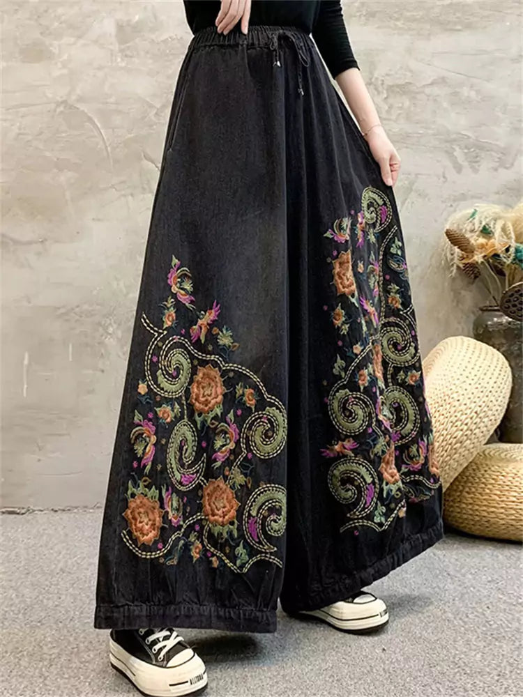 Heavy Embroidered Denim Wide Leg Pants Retro Washed Versatile