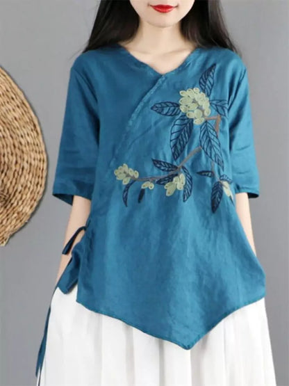 Ethnic Embroidered Linen Asymmetrical Cross-Collar Blouse with Tie Closure