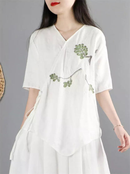 Ethnic Embroidered Linen Asymmetrical Cross-Collar Blouse with Tie Closure
