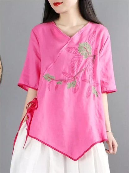 Ethnic Embroidered Linen Asymmetrical Cross-Collar Blouse with Tie Closure