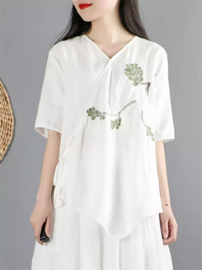 Ethnic Embroidered Linen Asymmetrical Cross-Collar Blouse with Tie Closure