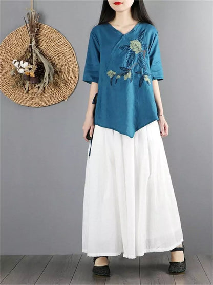Ethnic Embroidered Linen Asymmetrical Cross-Collar Blouse with Tie Closure
