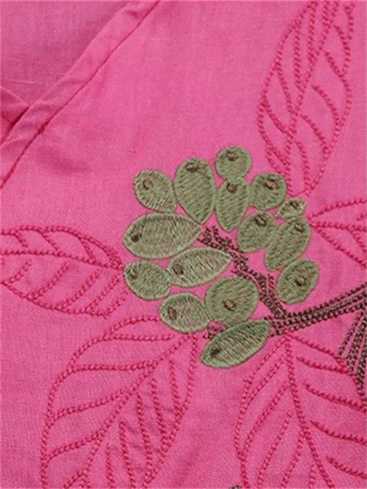 Ethnic Embroidered Linen Asymmetrical Cross-Collar Blouse with Tie Closure