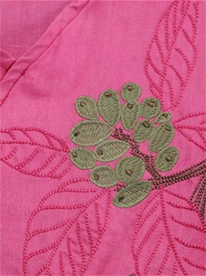 Ethnic Embroidered Linen Asymmetrical Cross-Collar Blouse with Tie Closure