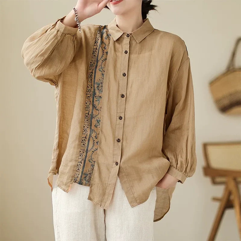 Ethnic Floral Patch Button-Front Shirt Long Sleeve
