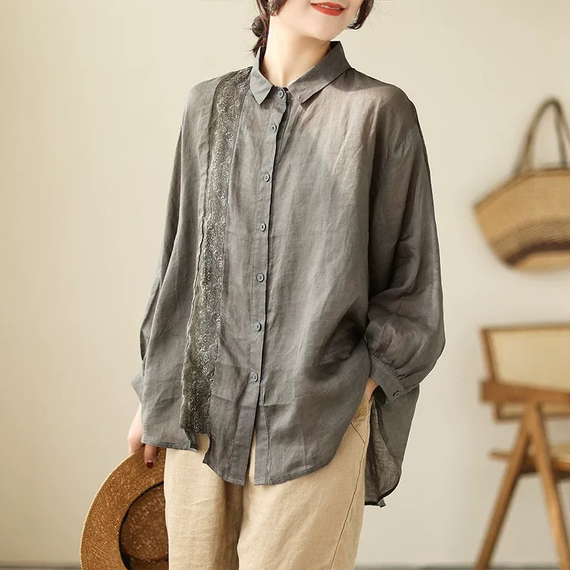 Ethnic Floral Patch Button-Front Shirt Long Sleeve