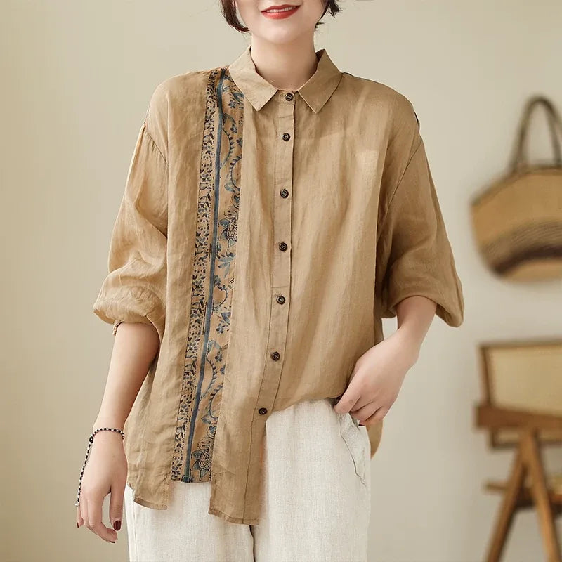 Ethnic Floral Patch Button-Front Shirt Long Sleeve