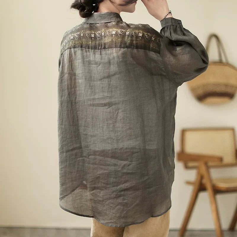 Ethnic Floral Patch Button-Front Shirt Long Sleeve