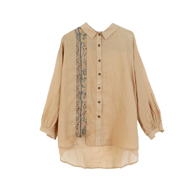 Ethnic Floral Patch Button-Front Shirt Long Sleeve